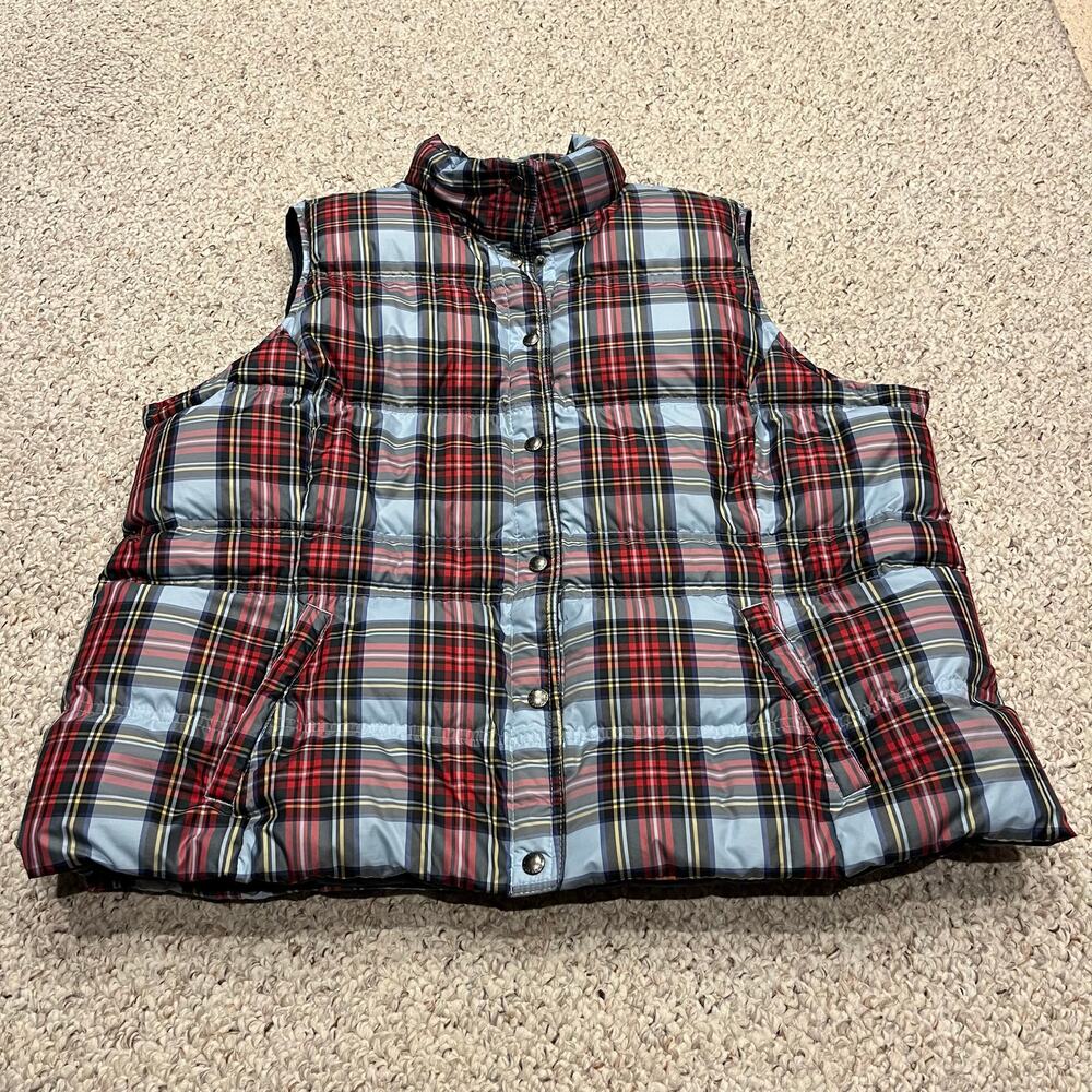 Lands End Down Puffer Vest Sz 2X Blue Red Plaid Outdoor Preppy Casual Academia